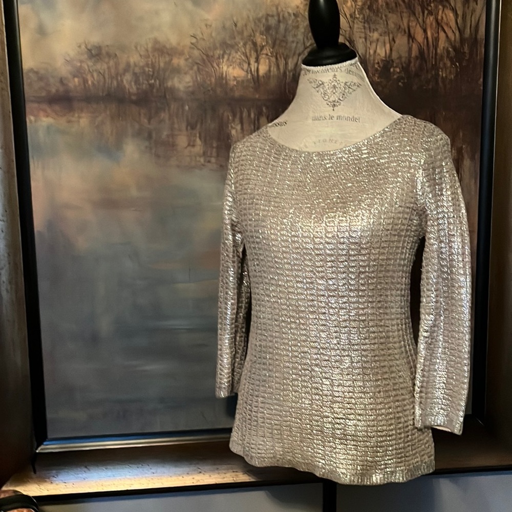 Chico’s Size 0 Gold Metallic Thread Boat Neck Sweater 3/4 Sleeves